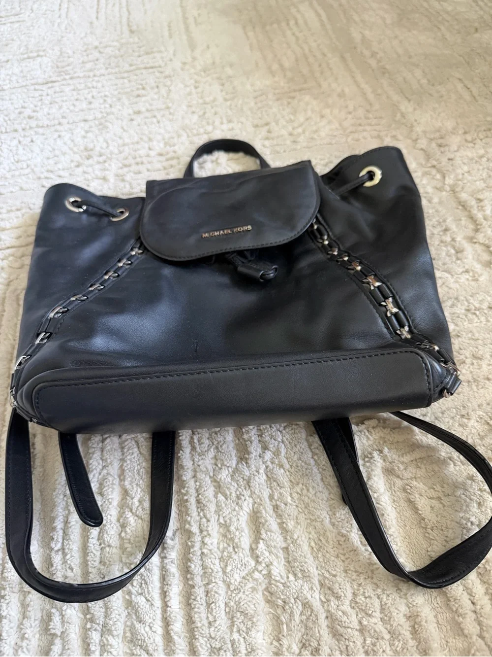Michael Kors Black Leather Chain-Trim Drawstring Backpack